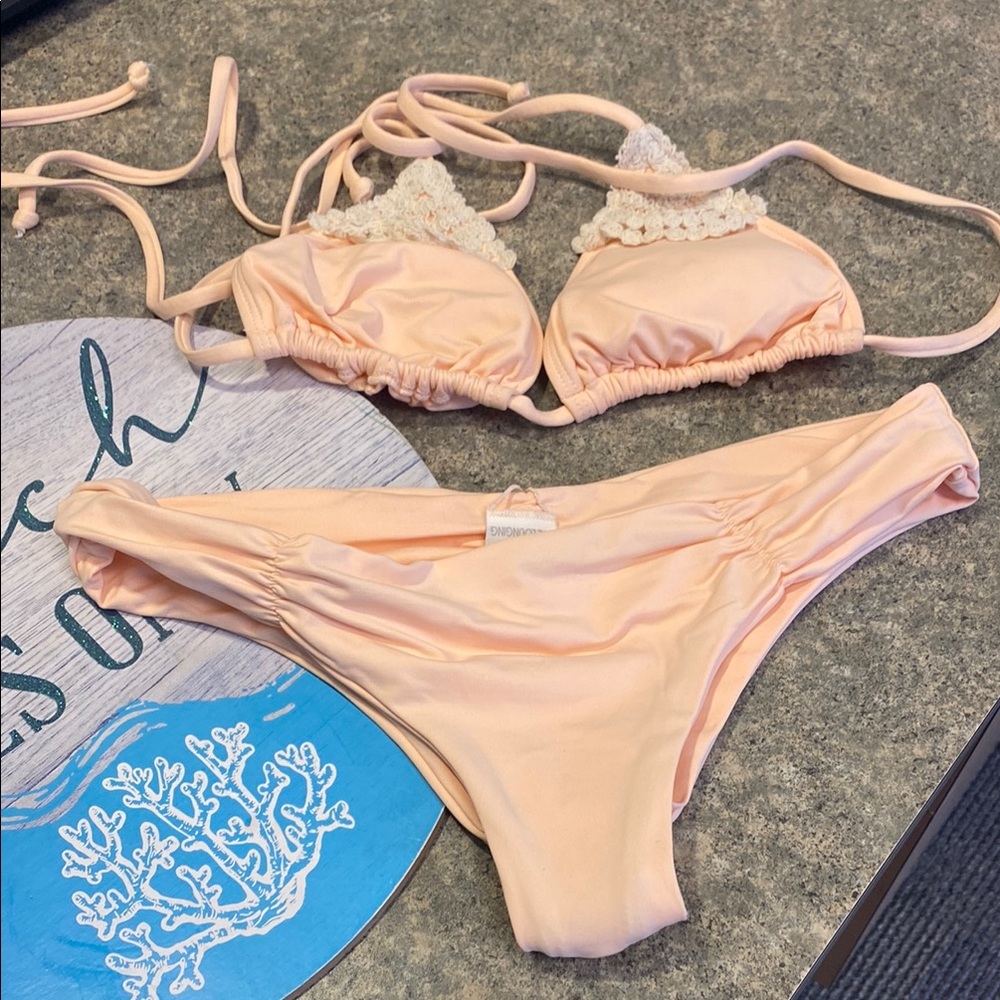 L*Space Soft Peach Cheeky Bitsy Cut Bikini with Lace Detail SMALL